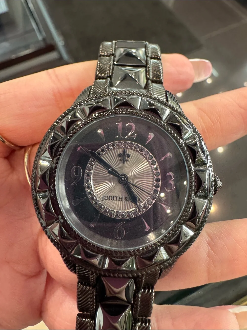 New Judith Ripka Black Stainless Steel & Ceramic Studded Link Watch